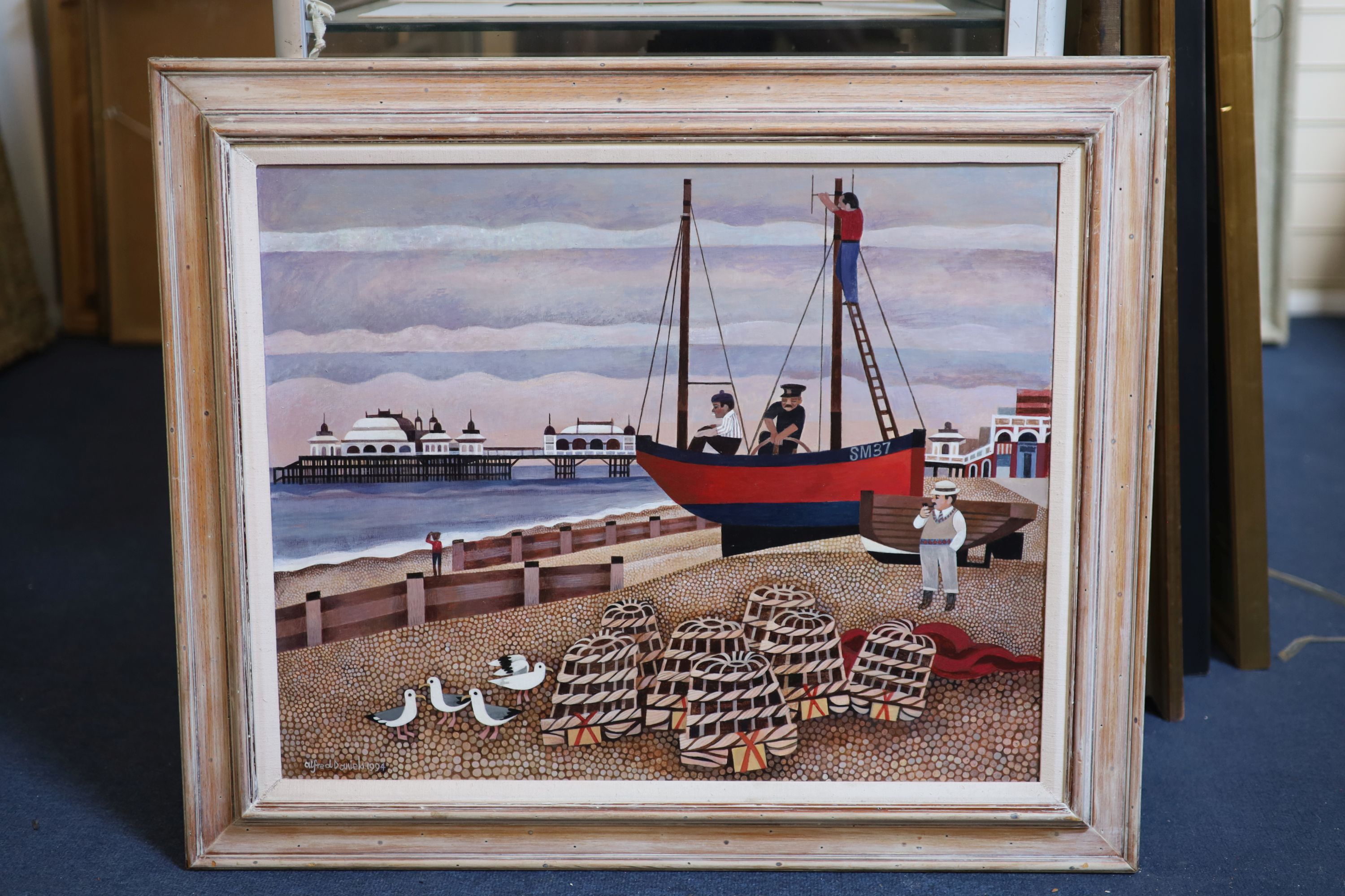 Alfred Daniels (1924-2015), Brighton seafront with fishermen and the WEST pier, Acrylic on board, 49 x 60 cm.